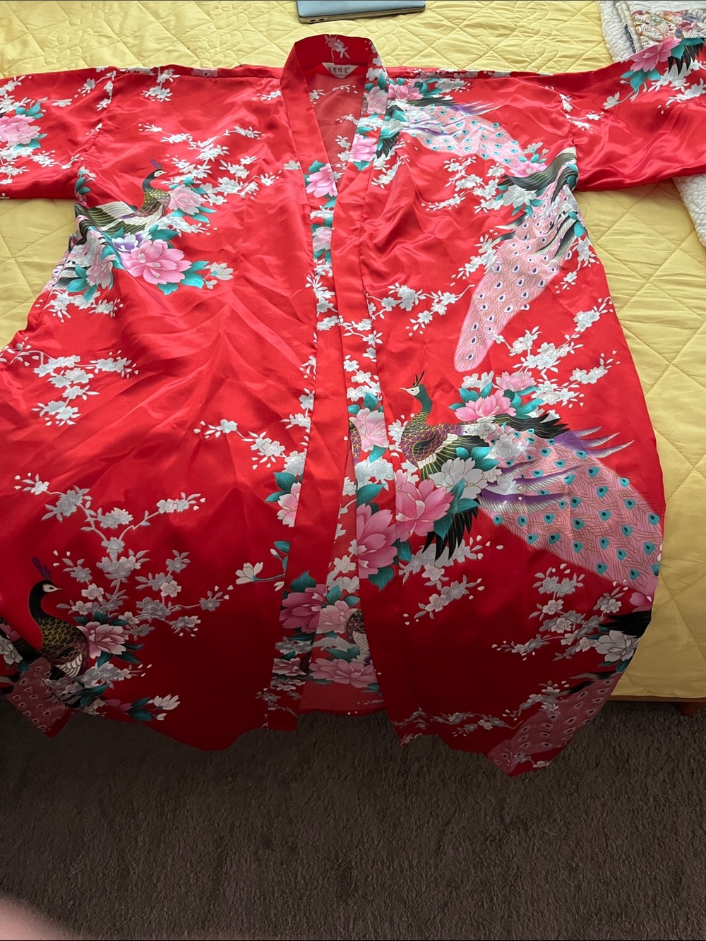 HALLOWEEN! Red Floral Peacock Satin Kimono long robe- HALLOWEEN idea!!!